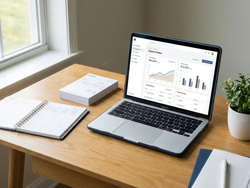 Houten bureau met facturen, opengeslagen planner, laptop met betalingsdashboard en kleine groene plant in natuurlijk zijlicht.