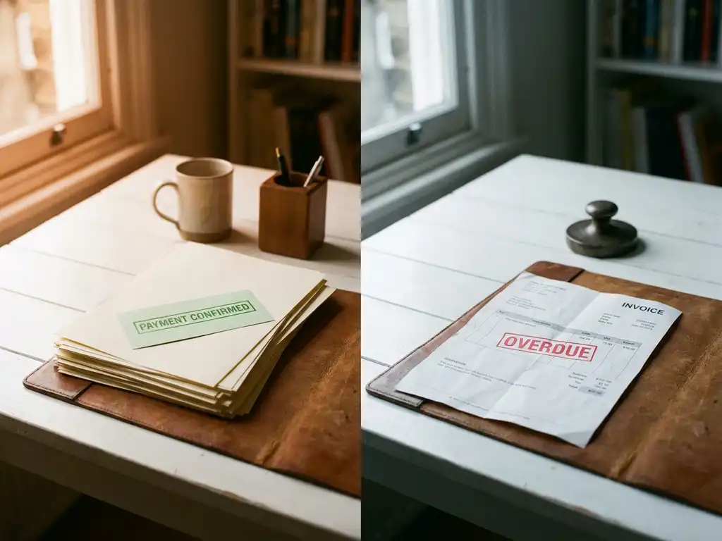 Nette kantoortafel met een stapel betaalde facturen en groene betalingsbevestiging naast een enkele rode 'achterstallig'-factuur.