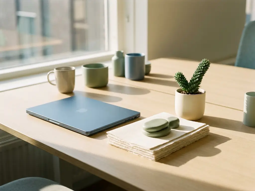 Opgeruimd modern bureau met stapel facturen naast een laptop, groene vetplant en warm natuurlijk licht.