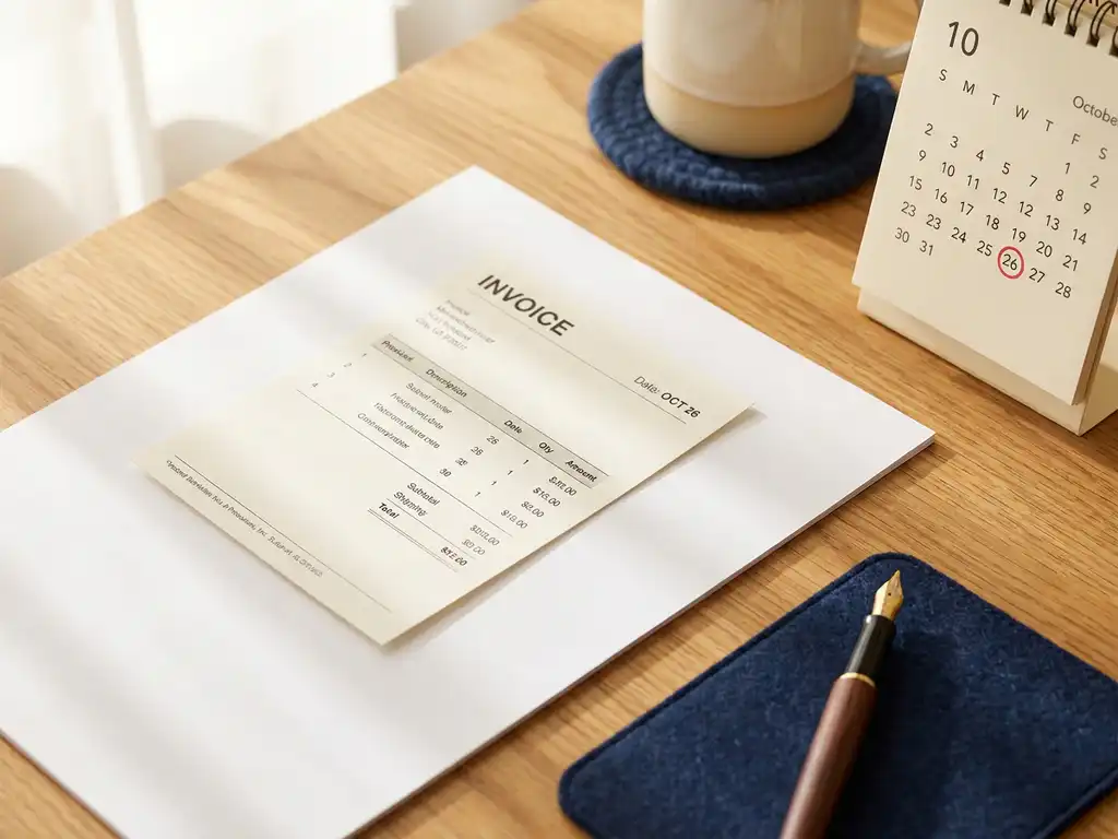 Houten bureau met gedrukte factuur, vulpen en kalender met omcirkelde datum in warm natuurlijk licht.