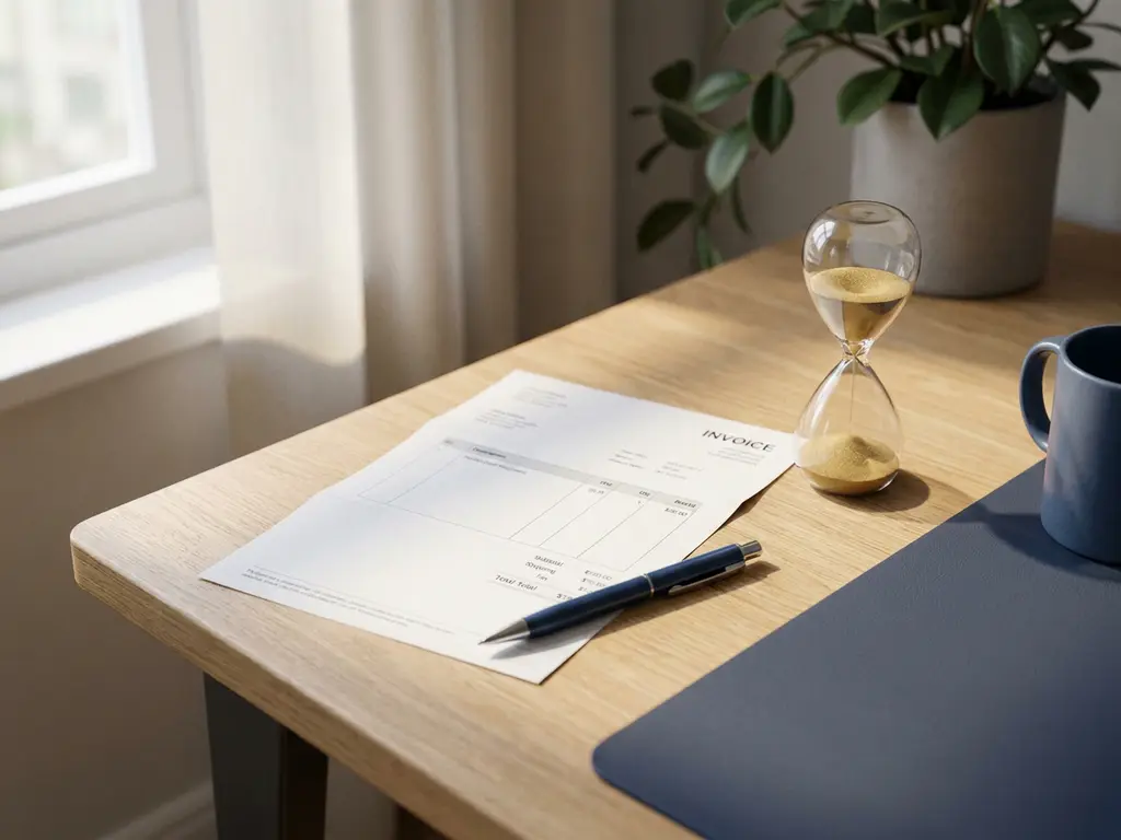 Witte factuur op kantoorbureau met pen en bijna lege zandloper, symboliseert betalingstermijn voor het MKB.