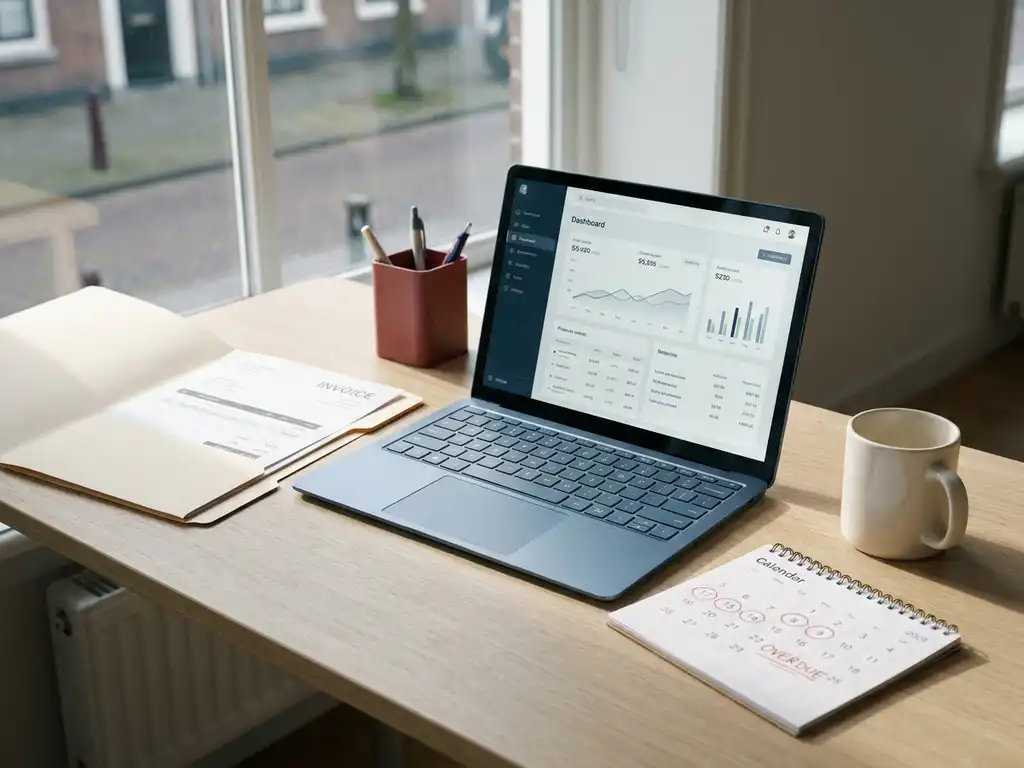 Moderne Nederlandse bureauopstelling met factuur uit manila map, kalender met rode cirkels bij vervaldatums en laptop met financieel dashboard.
