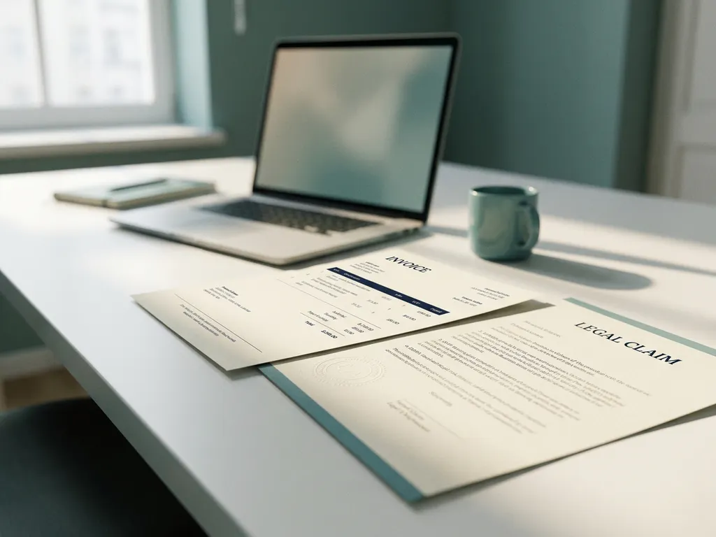 Papieren factuur en juridische claim overlappen op wit bureau met laptop op de achtergrond, kantooromgeving voor Nederlandse mkb.
