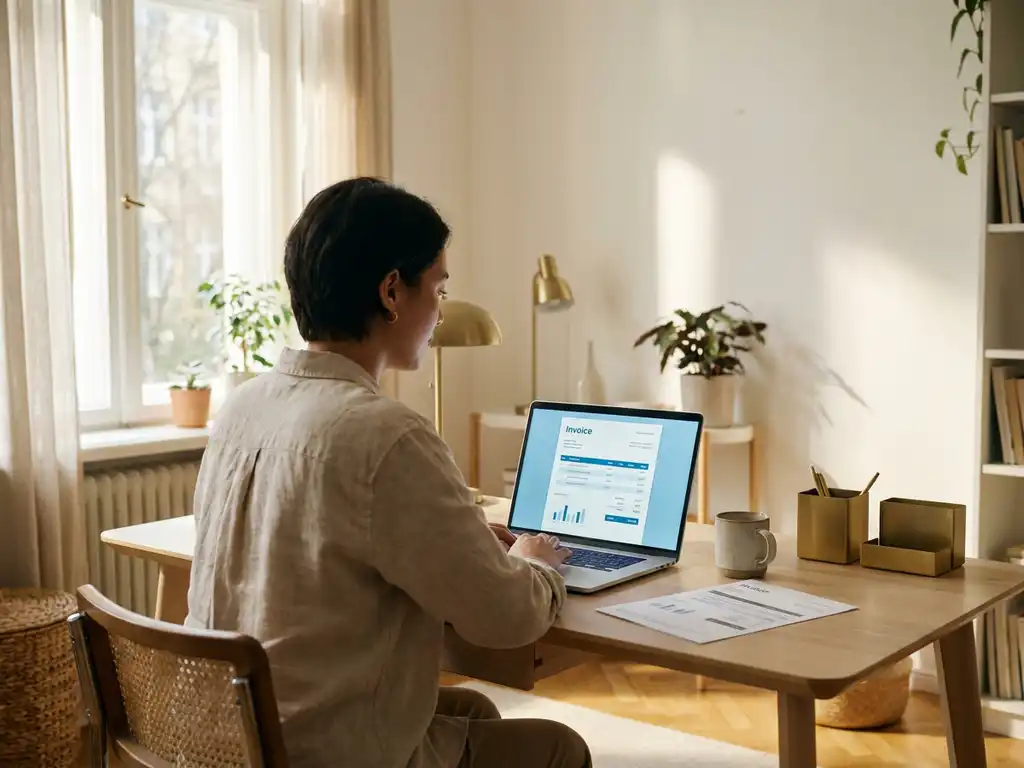 Ondernemer bekijkt digitale factuur op laptop aan opgeruimd bureau, met gedrukte factuur en koffiemok in warm natuurlijk licht.