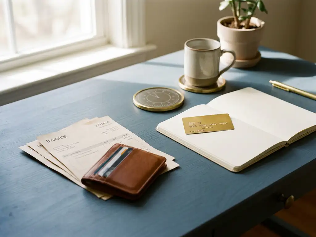Nette bureau met stapel facturen naast een open leren portemonnee, creditcard op notitieboek, zachte gouden accenten.