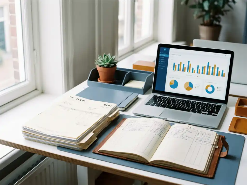Opgeruimd Nederlands kantoorbureau met facturen, grootboek en laptop met financieel dashboard, verlicht door zacht natuurlijk raamlicht.