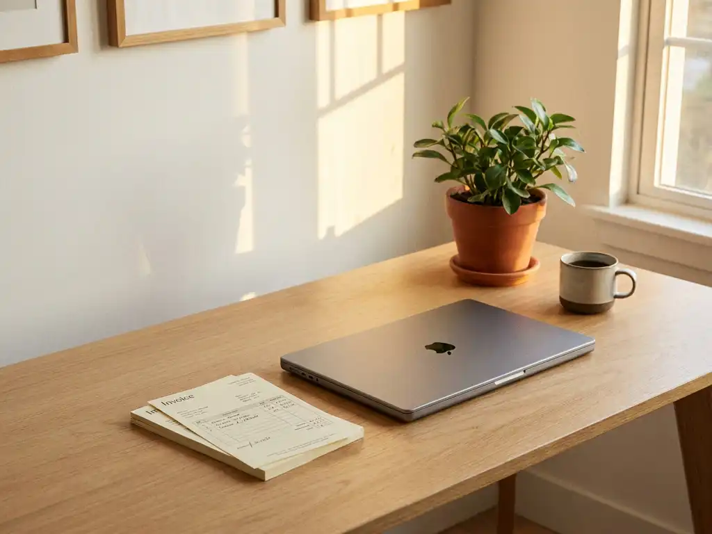 Modern Nederlands bureau met facturen naast laptop, groene plant en koffiemok in warm gouden ochtendlicht.