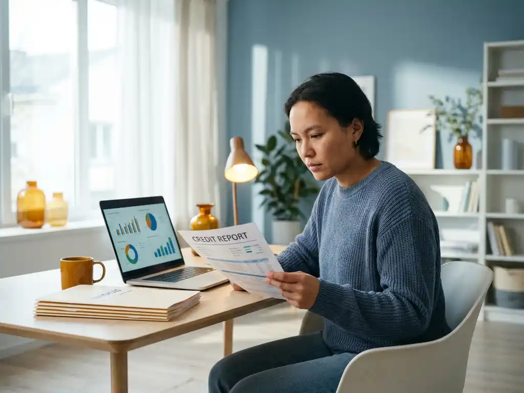 Ondernemer bekijkt kredietrapport aan modern bureau met laptop met financiële grafieken en facturen in warm natuurlijk licht.