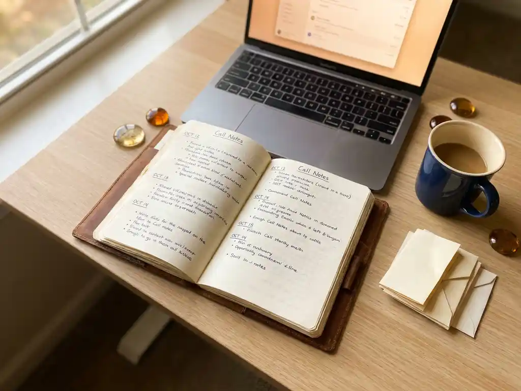 Opengeslagen notitieboek met handgeschreven gespreksnotities op modern bureau, naast laptop, koffiekop en facturen.