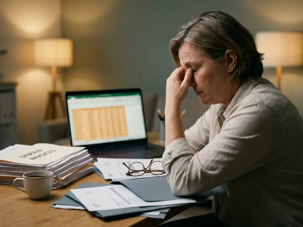 Gestresste ondernemer aan rommelig bureau met stapels onbetaalde facturen, laptop met spreadsheet op de achtergrond, warm kantoorlicht.
