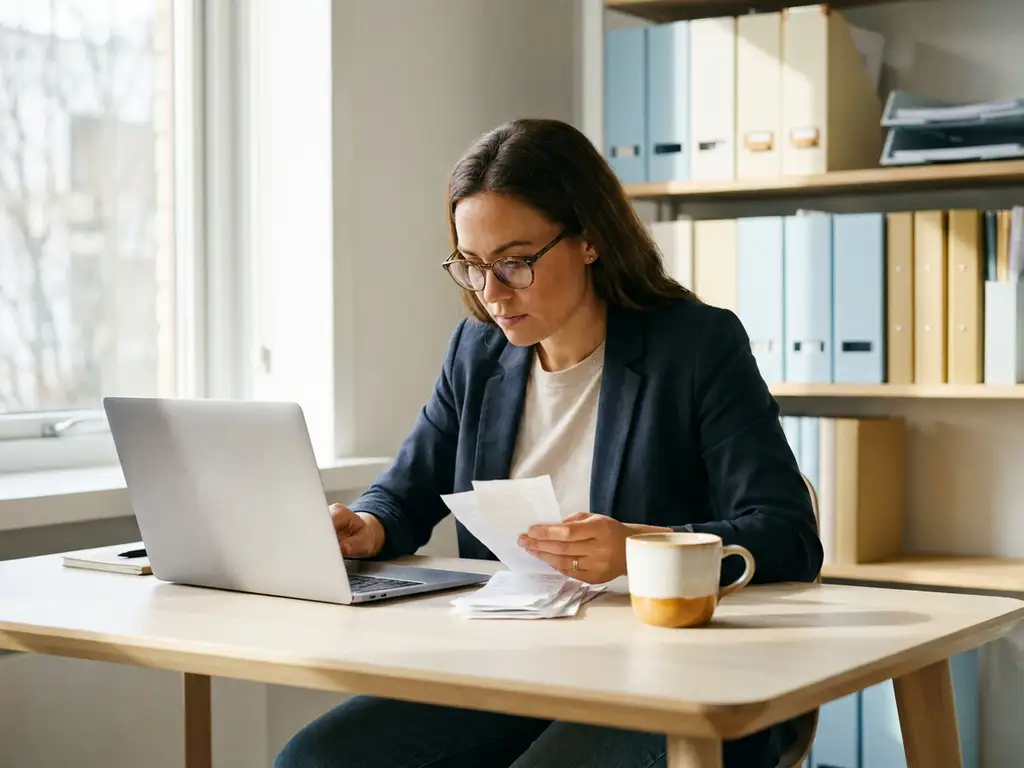 Ondernemer bekijkt papieren facturen naast een laptop op een opgeruimd modern bureau, warme natuurlijke belichting.
