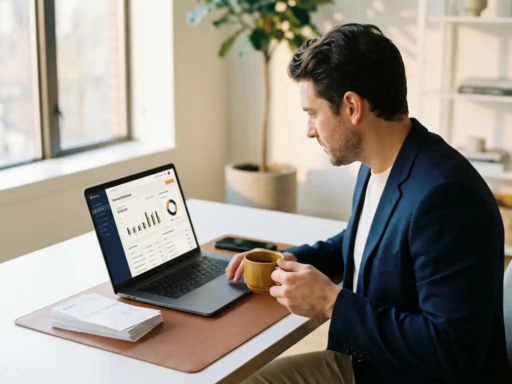 Ondernemer aan modern bureau met koffie en laptop met financieel dashboard, facturen en smartphone in warm natuurlijk licht.