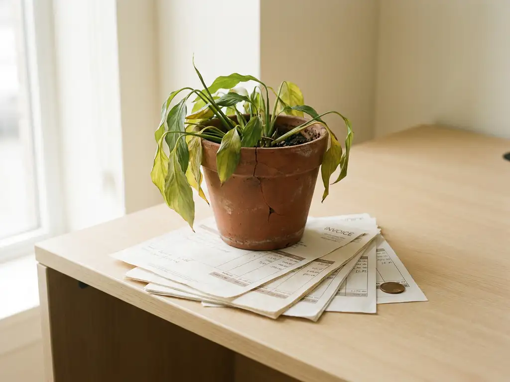 Verwelkte plant in gebarsten terracottapot op kantoorbureau, omringd door onbetaalde facturen en een munt, warm natuurlijk licht.