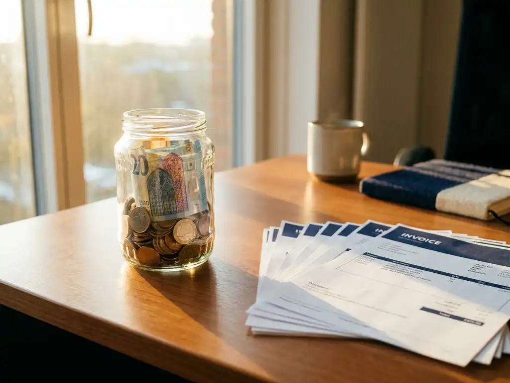 Glazen pot gevuld met euromunten en bankbiljetten naast een stapel facturen op een modern bureau, warm ochtendlicht.