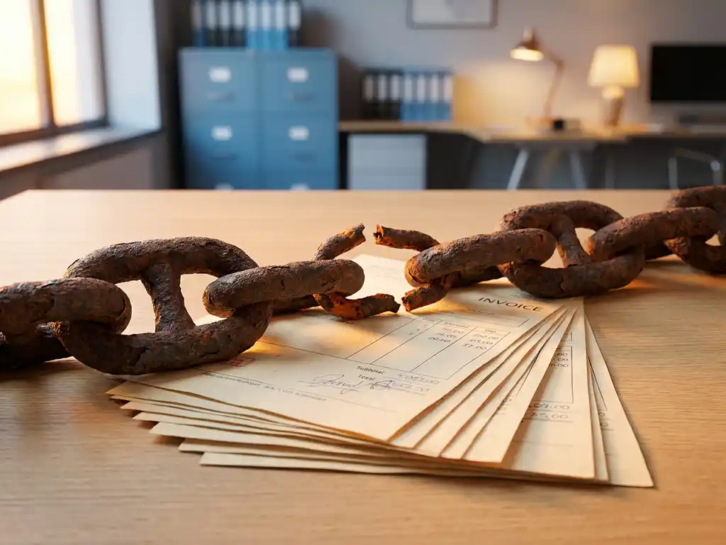 Verroest ankerkettingschakel op eikenhouten bureau met onbetaalde facturen, symboliseert financieel risico en zwakke schakel in cashflow.