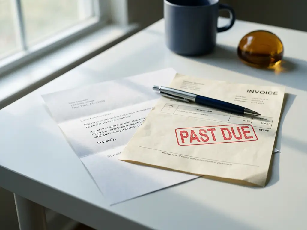 Aanmaningsbrief en achterstallige factuur met rood stempel op modern bureau, pen diagonaal geplaatst, zacht natuurlijk licht.