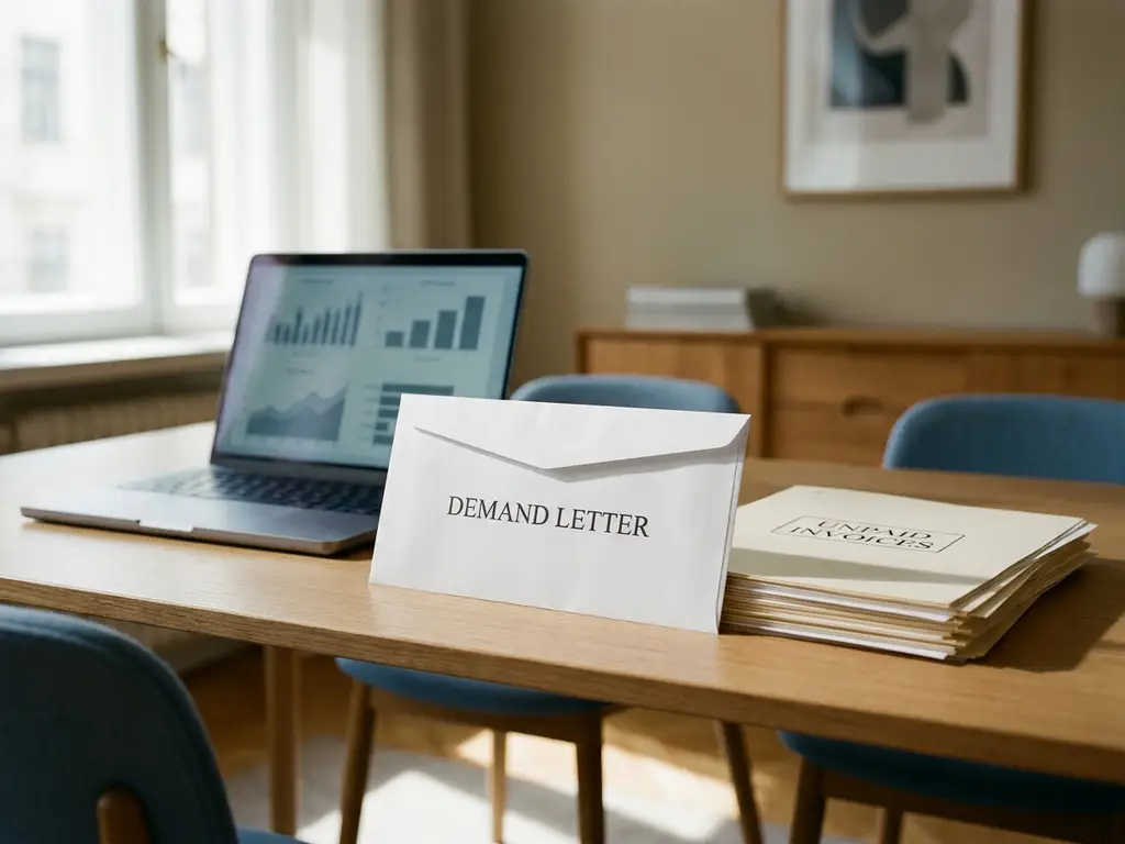Formele aanmaning in witte envelop op modern bureau naast stapel onbetaalde facturen, laptop op achtergrond, zakelijke kantooromgeving.