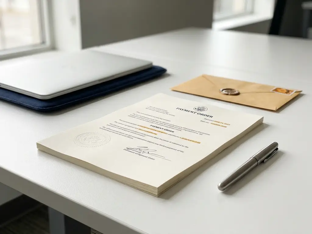 Formeel juridisch betalingsbevel op wit bureau naast laptop, gestempelde envelop en pen in kantooromgeving.