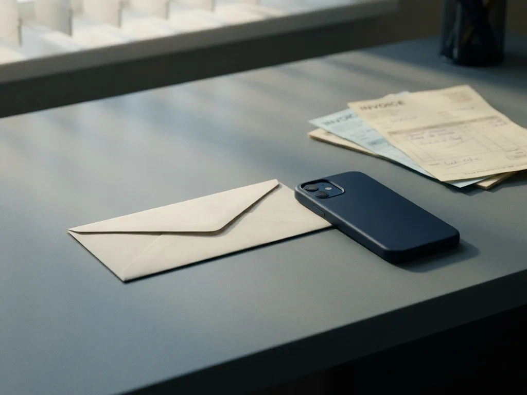 Ongeopende aanmaning op kantoorbureau met smartphone en onbetaalde facturen op de achtergrond, zacht daglicht.