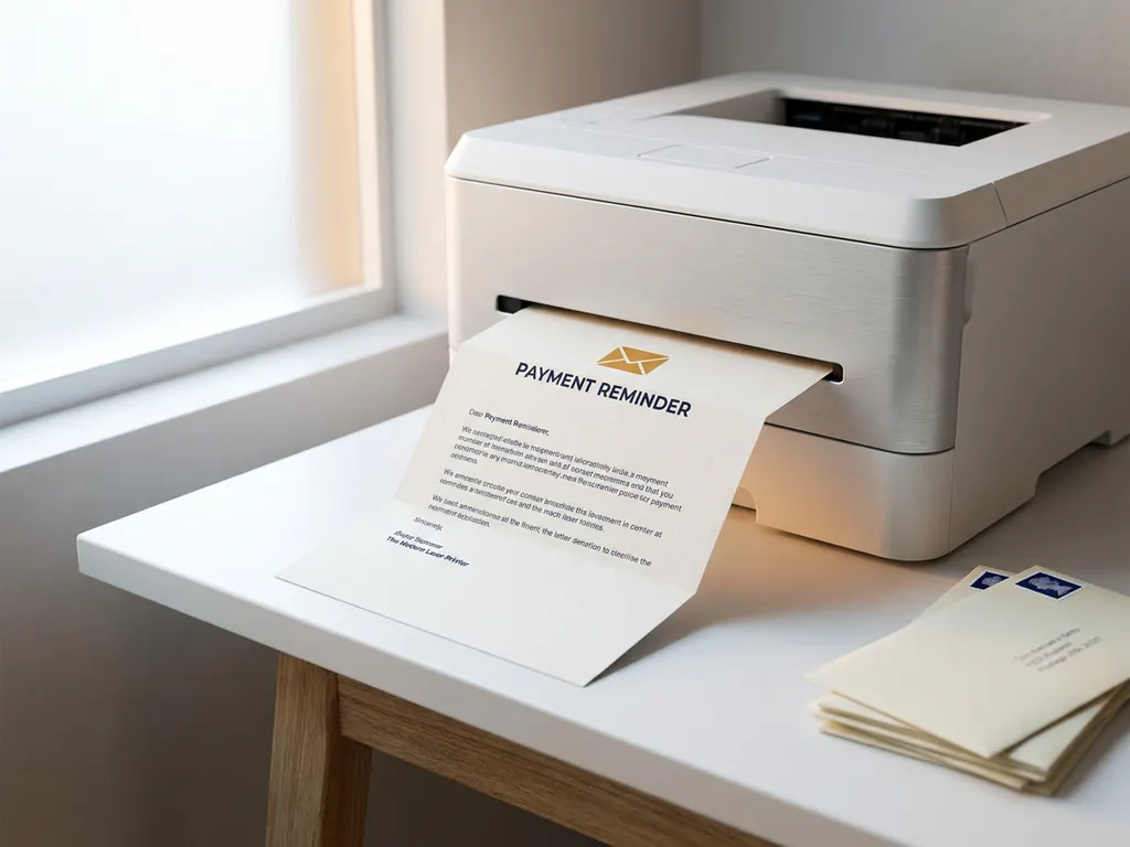 Betalingsherinnering die uit een moderne printer glijdt op een wit bureau, met gefrankeerde enveloppen ernaast en zacht natuurlijk daglicht.