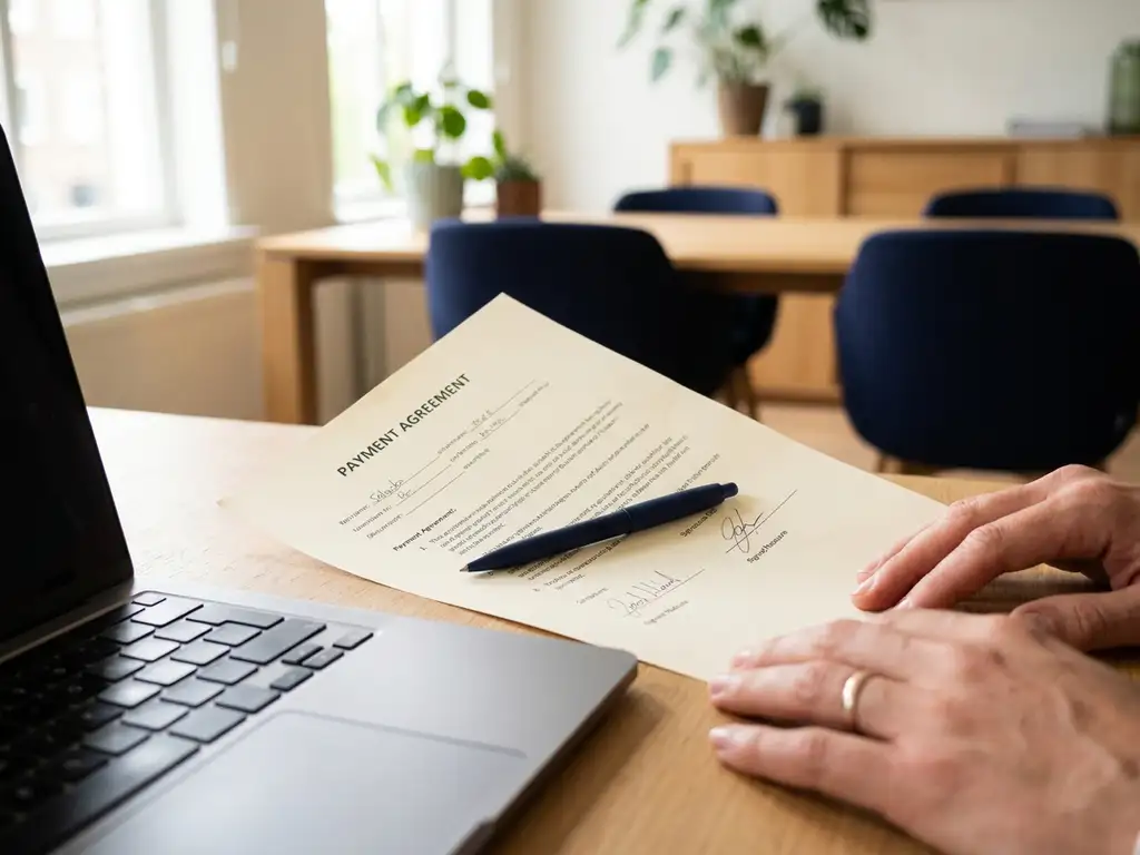 Ondertekend betalingsovereenkomst op modern bureau met laptop en pen, in professionele Nederlandse kantooromgeving.