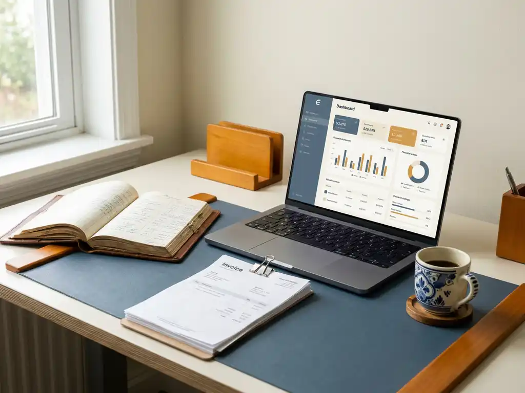 Accountantsbureau met open leren grootboek, facturen en laptop met financieel dashboard in leisteen- en crèmetinten.