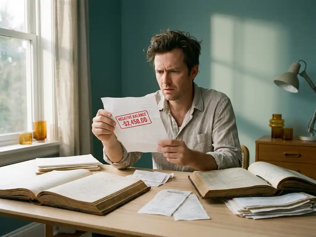 Accountant bekijkt verward een factuur met negatief saldo, omringd door grootboeken en financiële documenten op modern bureau.