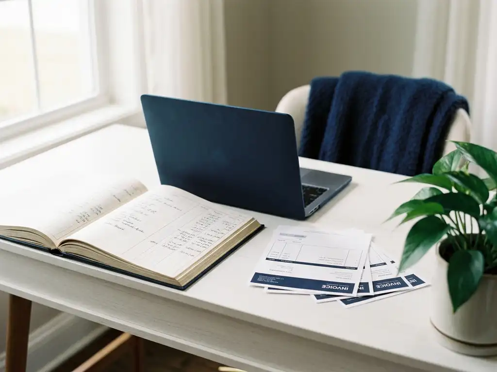 Open kasboek naast laptop op modern bureau met uitgespreide facturen en groene kamerplant in natuurlijk daglicht.