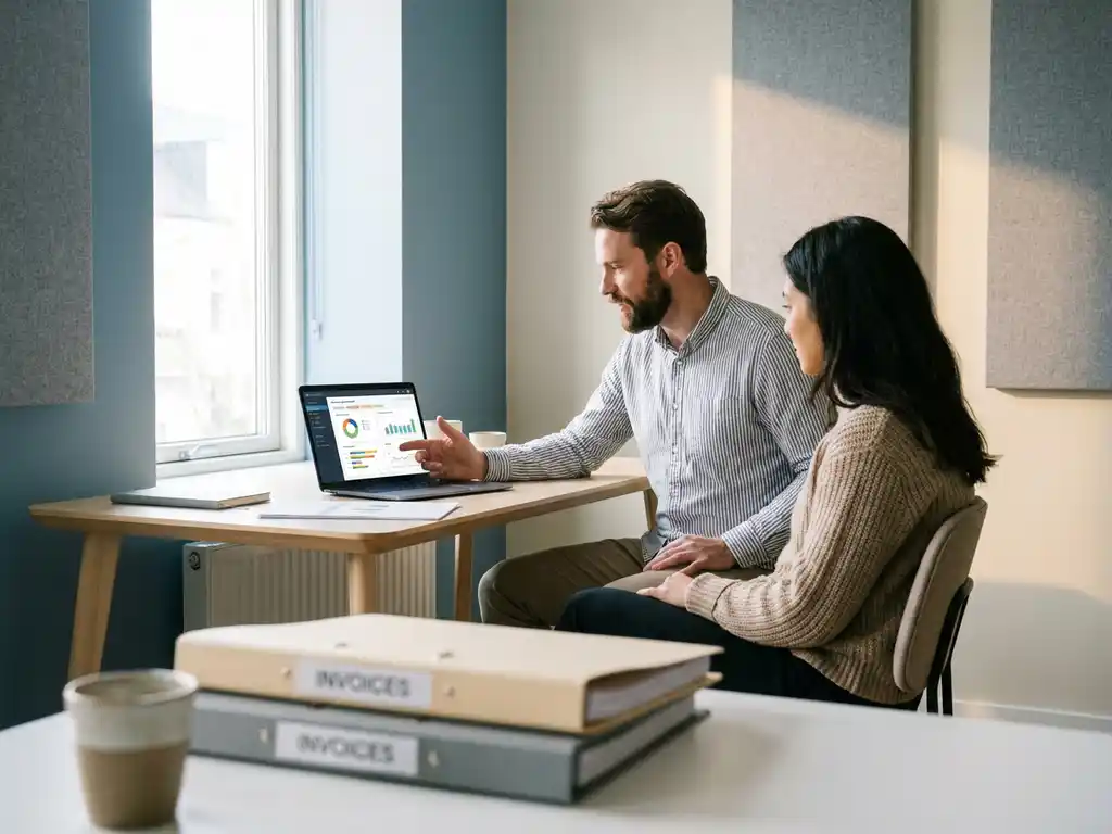 Ondernemer deelt toegang tot boekhoudingsdashboard op laptop met collega aan modern bureau, factuurmappen en koffie op voorgrond.