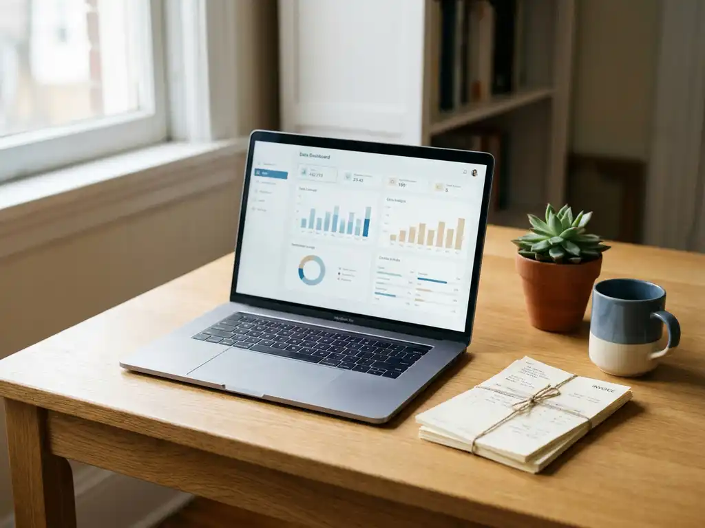 Opgeruimd eiken bureau met facturen naast een open laptop met dashboard, succulent en koffiemok in warm natuurlijk licht.