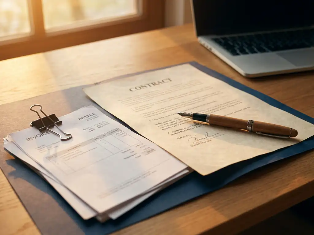 Eikenhouten bureau met opengeslagen contract, facturen en pen in warm goudkleurig licht, professionele sfeer.