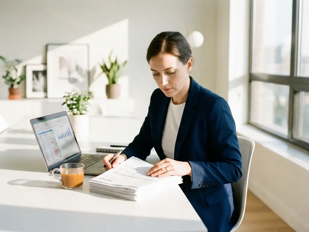Accounts receivable manager bekijkt stapel facturen aan modern bureau met laptop en koffie in warm kantoorlicht.