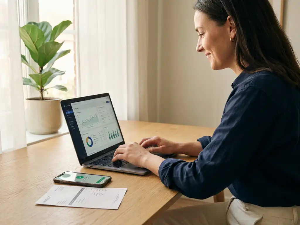 Ondernemer bekijkt debiteurenadministratie op laptop naast gedrukte factuur en smartphone met betalingsmelding in modern kantoor.