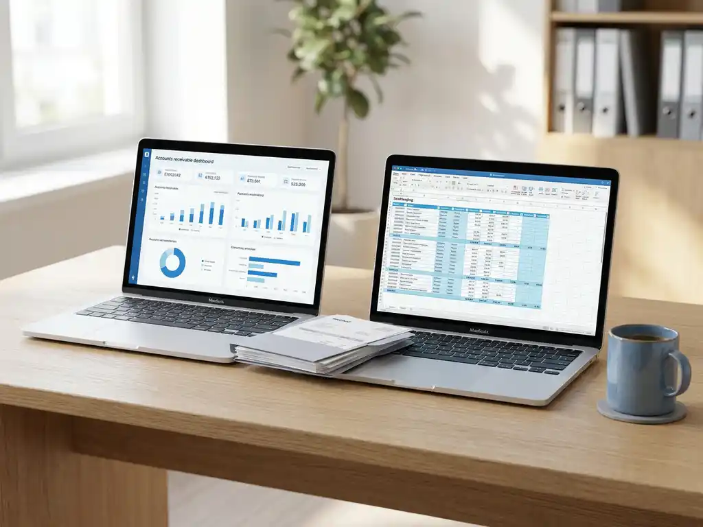 Twee laptops op een modern Nederlands kantoorbureau met boekhoudschermen, facturen en een koffiemok in natuurlijk raamlicht.