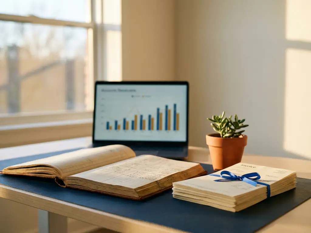 Georganiseerd debiteurenadministratiebureau met opengeslagen grootboek, facturen en laptop met financieel dashboard in warm kantoorlicht.