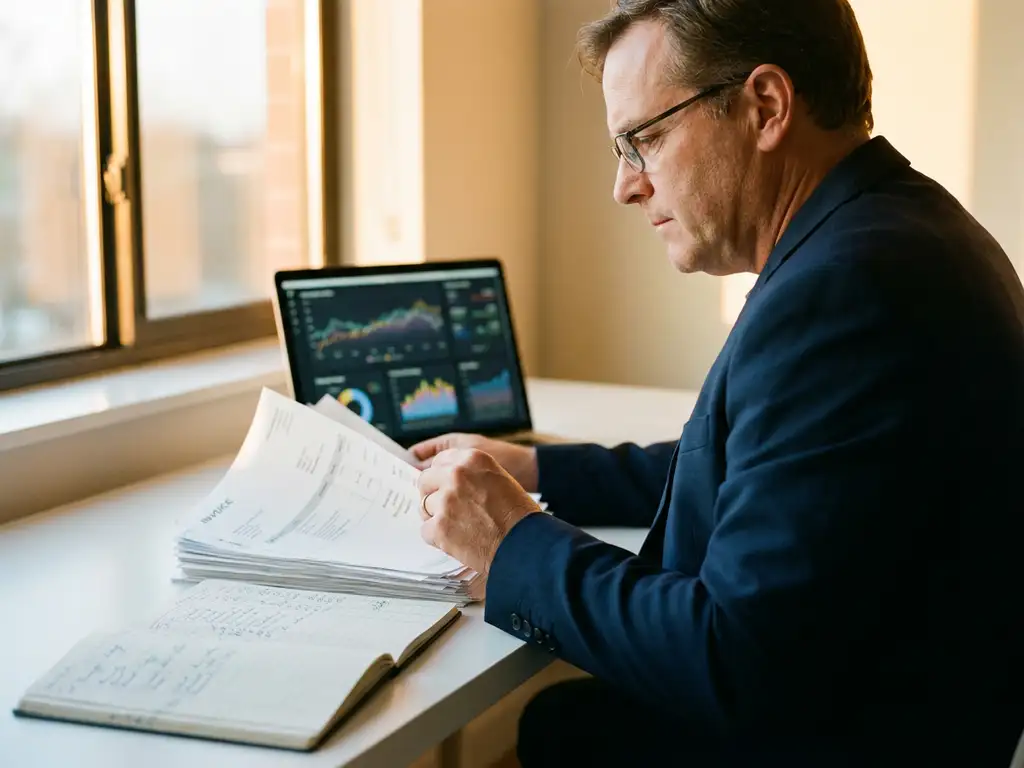 Accounts receivable manager bekijkt facturen en grootboek op modern bureau, laptop met financiële dashboards op de achtergrond.