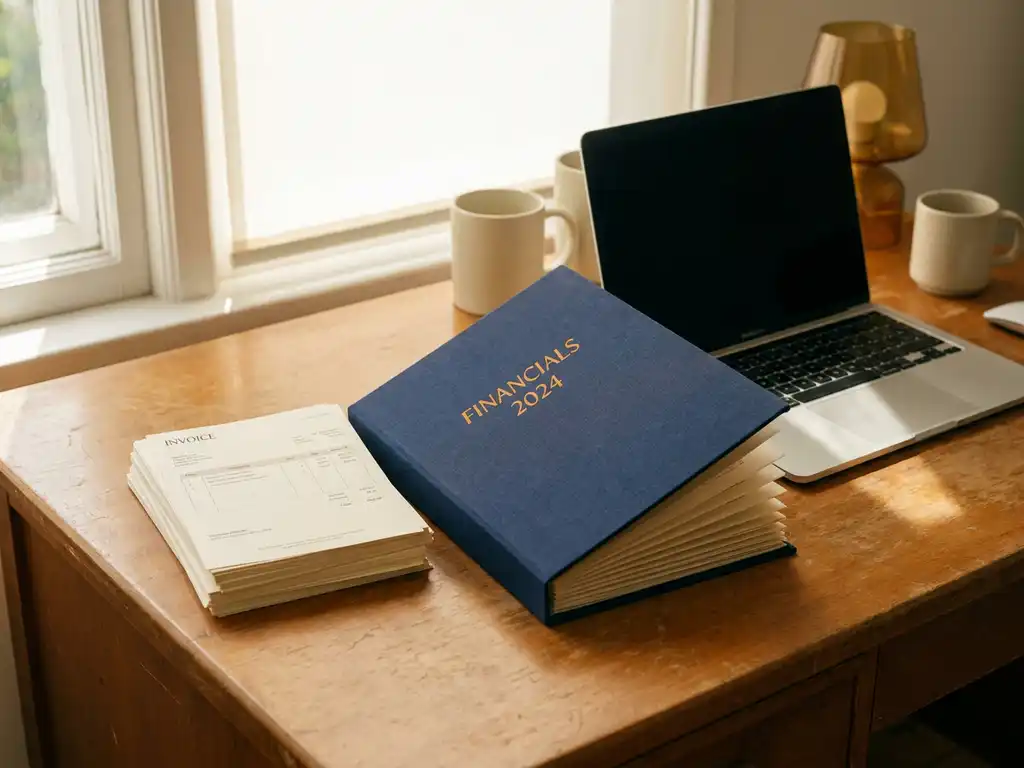 Houten bureau met papieren facturen, harmonicamap met financiële documenten en halfopen laptop in warm natuurlijk kantoorlicht.