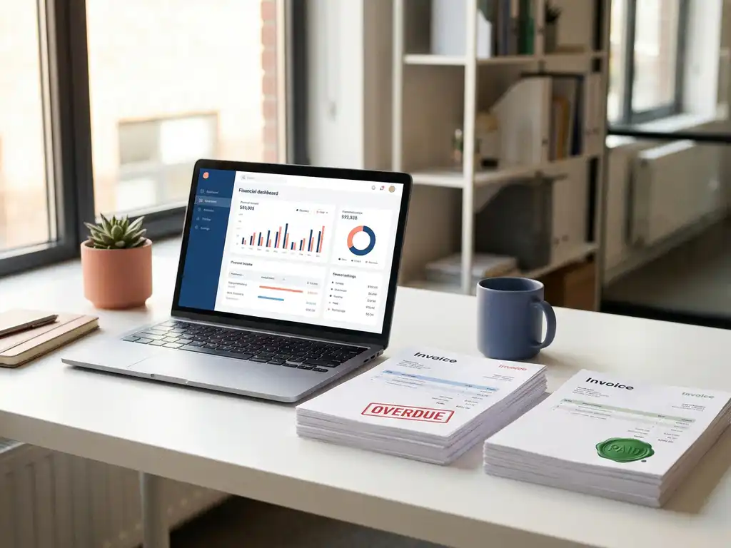 Moderne kantoorbureau met twee stapels facturen, één met rood 'te laat'-stempel en één groen betaald, naast laptop met financieel dashboard.