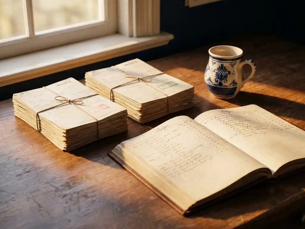 Houten bureau met twee stapels papieren facturen, rood en groen gestempeld, naast een opengeslagen leren grootboek en een koffiemok in warm ochtendlicht.
