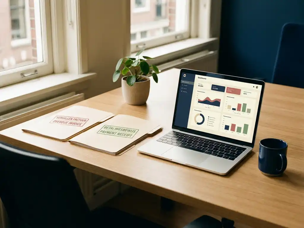 Kantoorbureau met twee mappen voor achterstallige factuur en betalingsbewijs naast laptop met financieel dashboard.