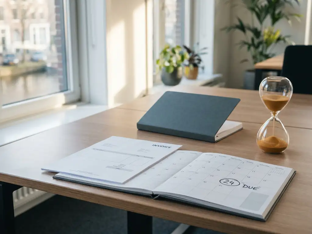 Witte factuur op bureau naast opengeslagen kalender met vervaldatum en minimalistische zandloper in natuurlijk daglicht.
