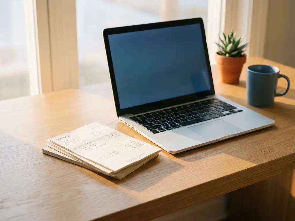 Opgeruimd eikenhouten bureau met facturen, open laptop, koffiemok en groen plantje in zacht ochtendlicht.