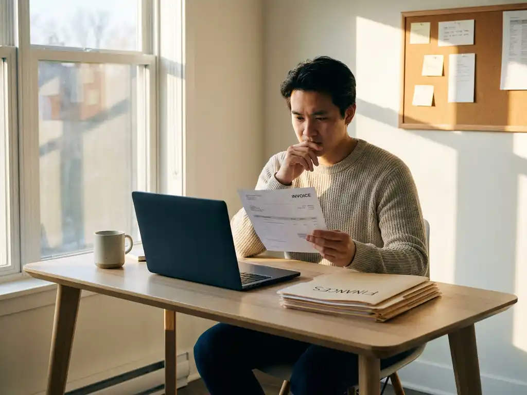 Ondernemer bestudeert gedrukte factuur aan modern bureau met laptop en financiële documenten, warm natuurlijk zijlicht.