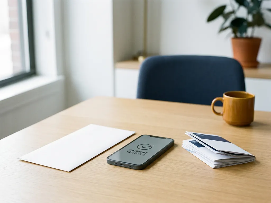 Witte envelop op minimalistisch bureau naast smartphone met betalingsmelding en stapel facturen, verlicht door natuurlijk daglicht.