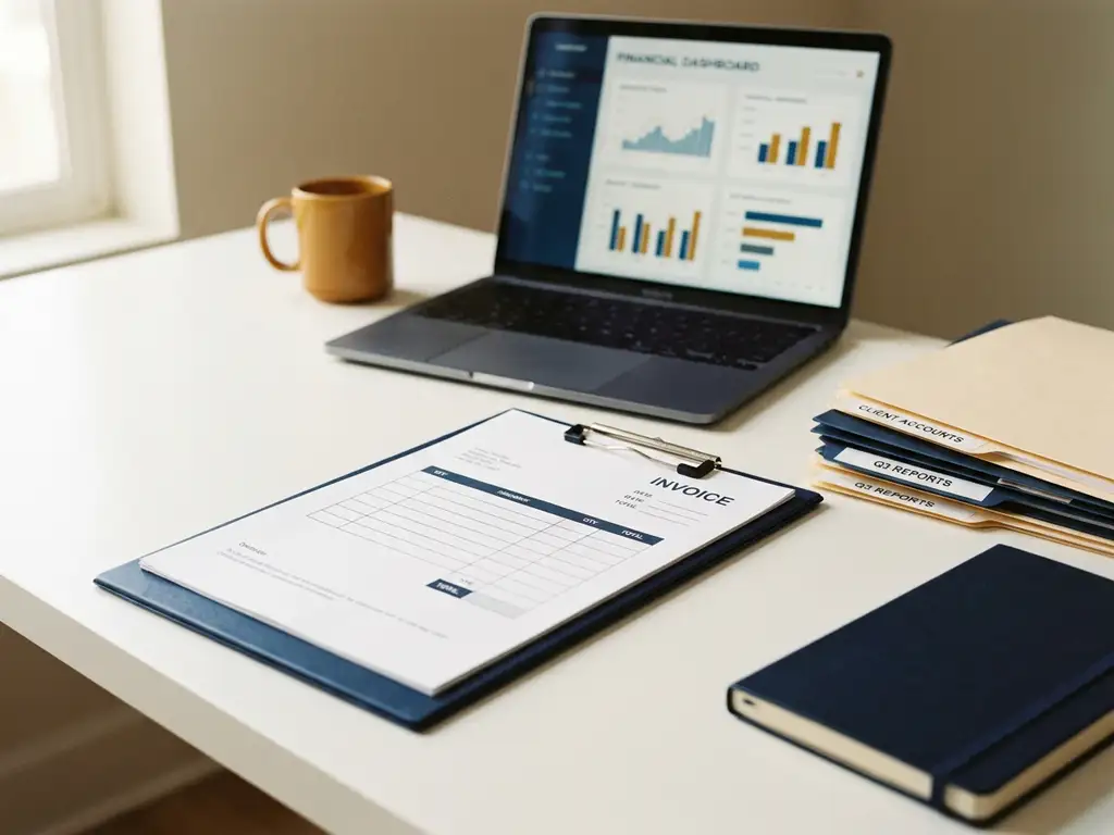 Factuur op klembord op modern bureau met open laptop met financieel dashboard en georganiseerde mappen op de achtergrond.
