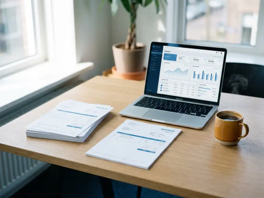 Opgeruimd Nederlands bureau met facturen, laptop met financieel dashboard en koffiemok in blauw-wit-amberkleurig daglicht.