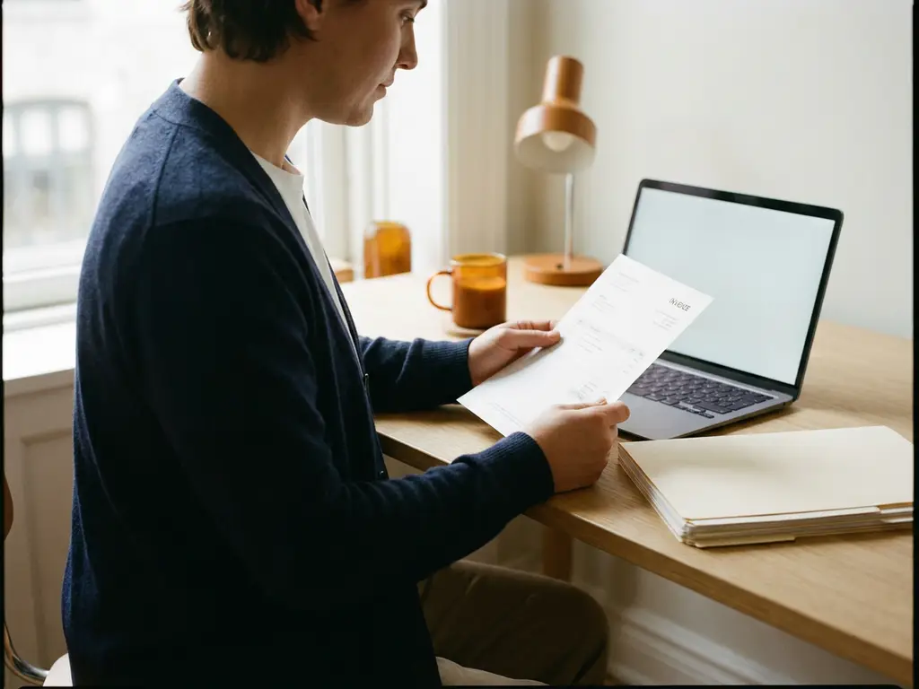 Zelfstandige ondernemer bekijkt factuur aan opgeruimd bureau met laptop en stapel documenten in rustige, professionele sfeer.