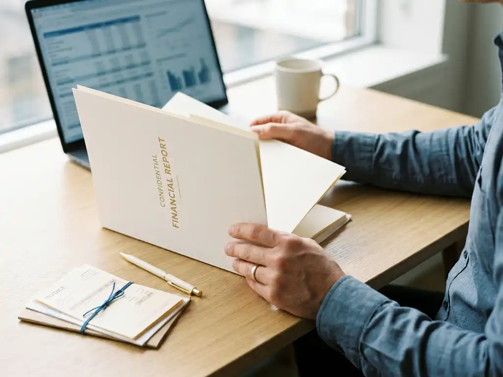 Financieel analist bekijkt gedrukt klantdossier op modern bureau, met facturen, pen en laptop op de achtergrond.