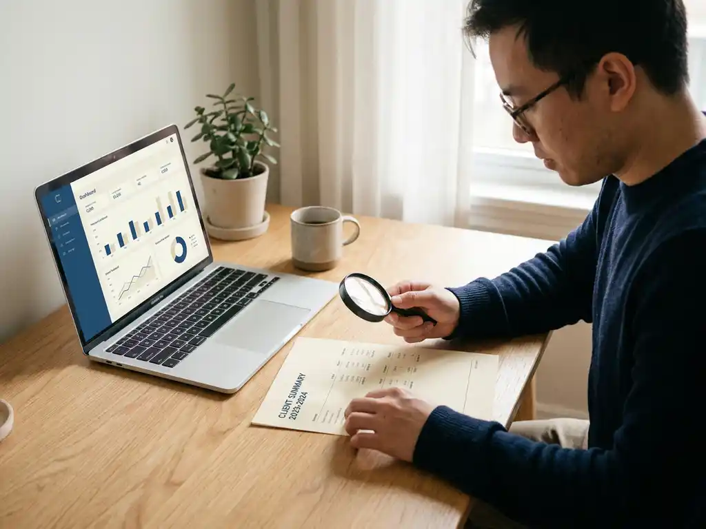 Ondernemer bekijkt financieel rapport met vergrootglas aan houten bureau, laptop met dashboard open, zacht natuurlijk licht.