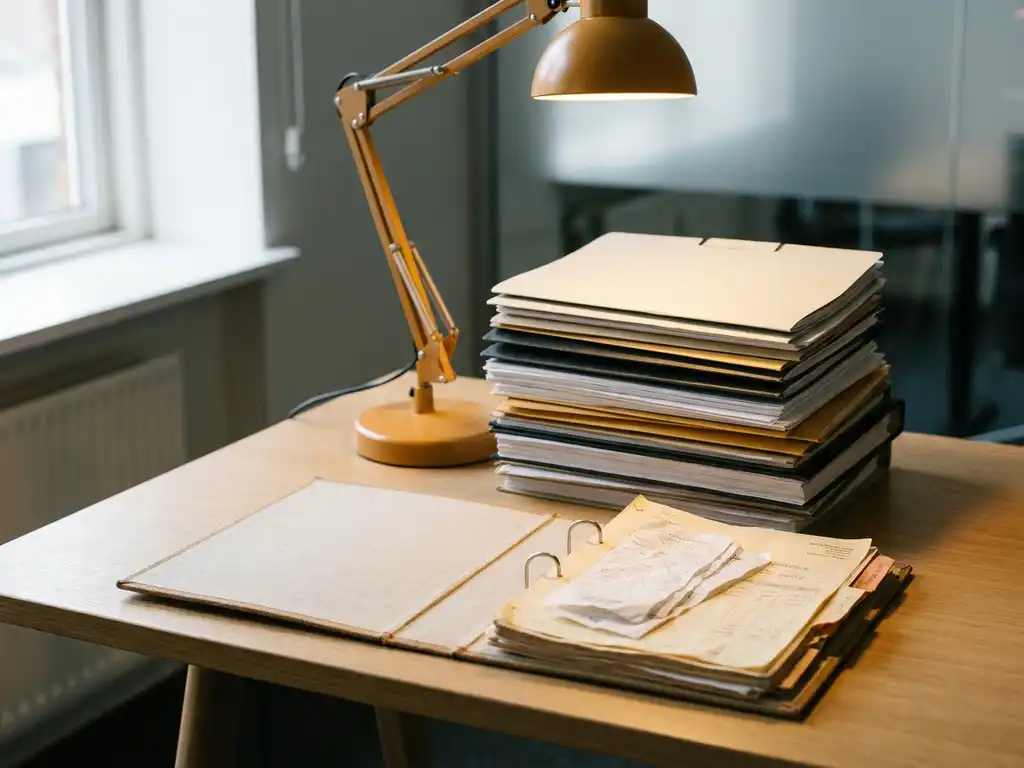 Stapel geordende papieren mappen en financiële documenten op modern bureau, open ordner met facturen en bonnen, warm amberkleurig bureaulamp.